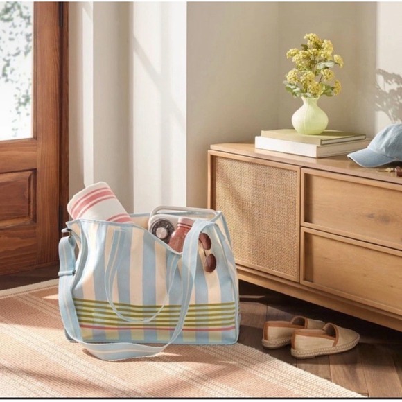 MAGNOLIA Large Canvas Tote Bag Cross Nautical Blue Stripe Farmhouse Beach Travel - Picture 5 of 11